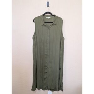 Sejour Olive Green Pleated Sleeveless Button Down Midi Shirt Dress 2X Earthy